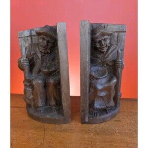 Vintage Hand Carved Wood Latin American Mexico Bookends Sitting Old Man & Woman